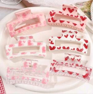 Charming Heart Print Design Hair Claw Clips Pink, Red, White Set Of 6